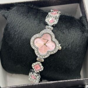 Pink Rose Gold Plated Clover Bangle Watch With CZ Halo Quartz Watch - Brand New!